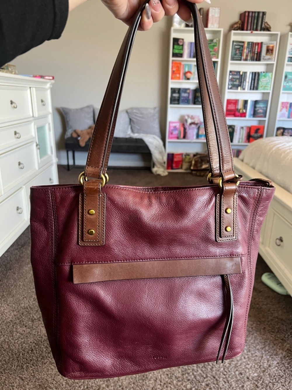Fossil Burgundy Leather Tote with Brown Straps